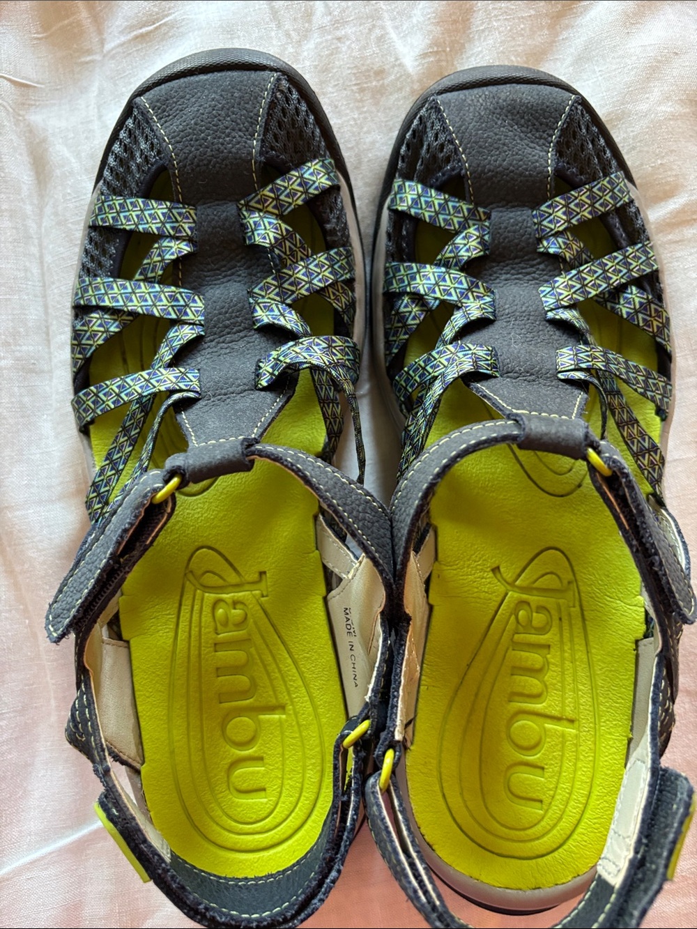 Jambu Grey Sandals with Lime Green Insole and Patterned Straps